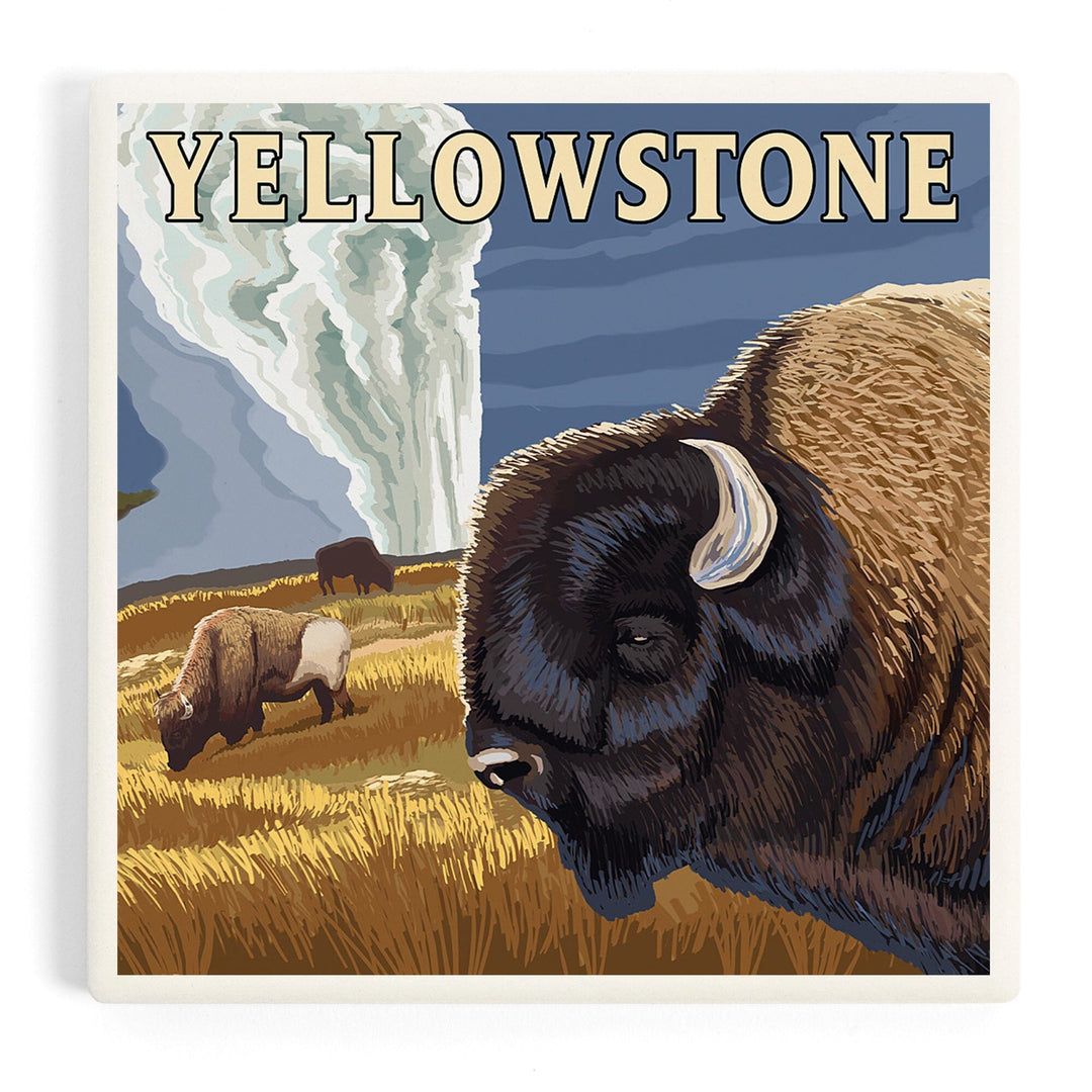Yellowstone National Park, Wyoming, Bison and Old Faithful, Coasters Coasters Lantern Press