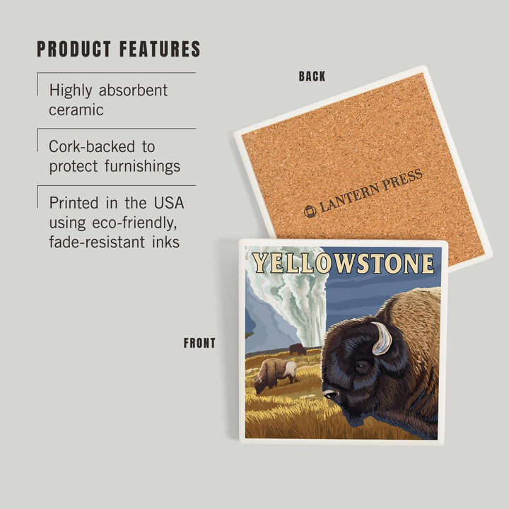 Yellowstone National Park, Wyoming, Bison and Old Faithful, Coasters Coasters Lantern Press