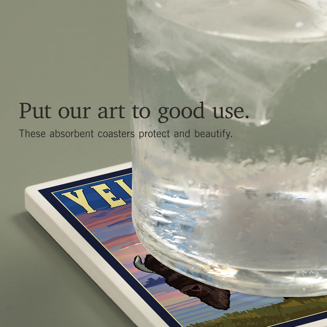 Yellowstone National Park, Wyoming, Bison and Sunset, Coasters Coasters Lantern Press