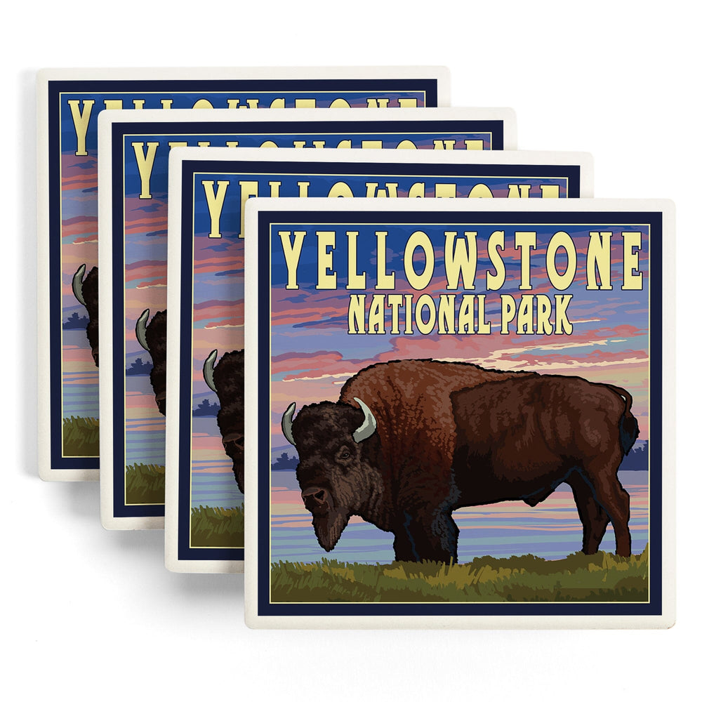 Yellowstone National Park, Wyoming, Bison and Sunset, Coasters Coasters Lantern Press