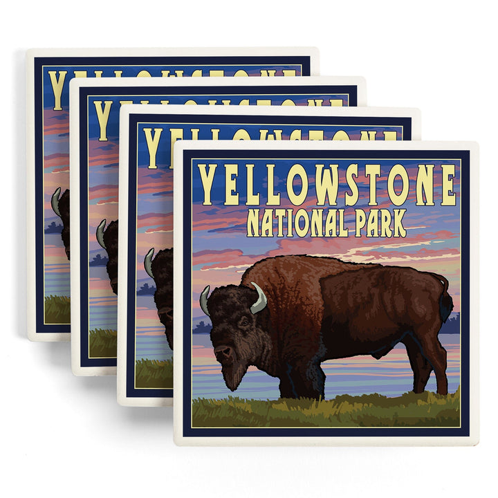 Yellowstone National Park, Wyoming, Bison and Sunset, Coasters Coasters Lantern Press