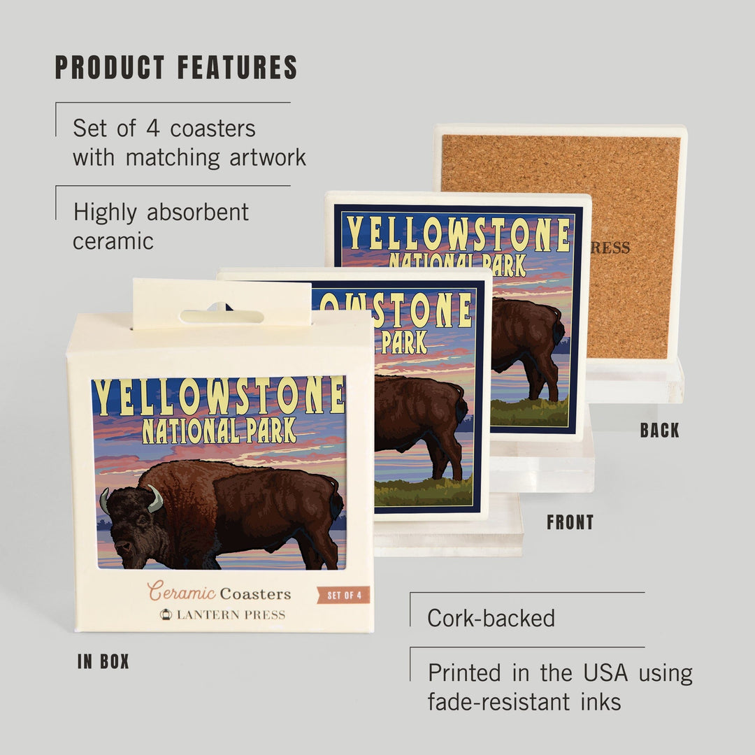 Yellowstone National Park, Wyoming, Bison and Sunset, Coasters Coasters Lantern Press