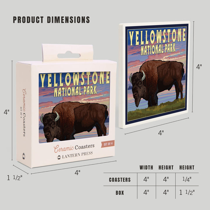 Yellowstone National Park, Wyoming, Bison and Sunset, Coasters Coasters Lantern Press