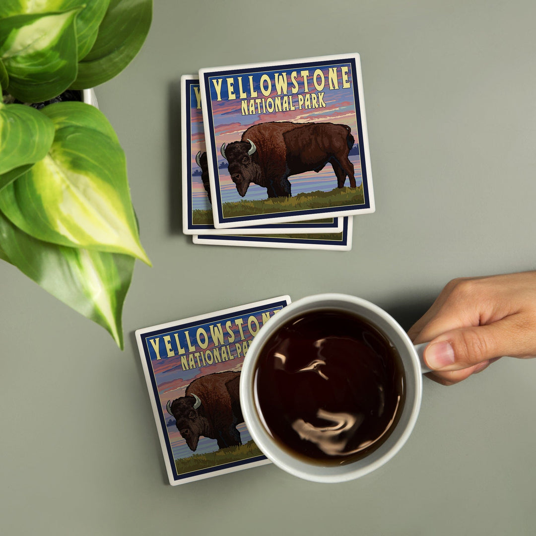 Yellowstone National Park, Wyoming, Bison and Sunset, Coasters Coasters Lantern Press