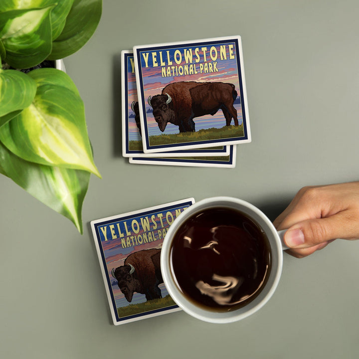 Yellowstone National Park, Wyoming, Bison and Sunset, Coasters Coasters Lantern Press