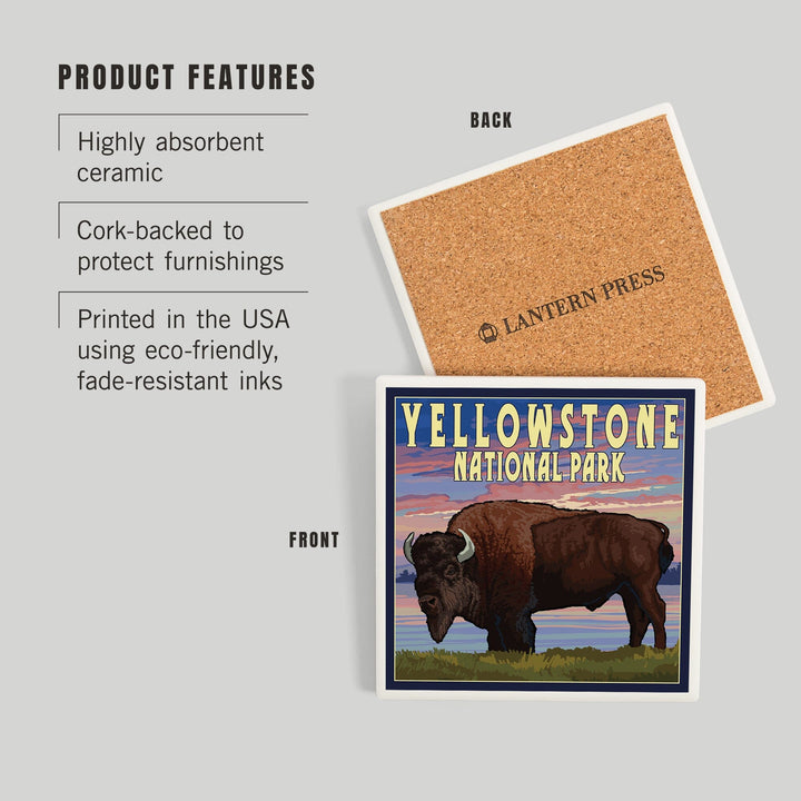 Yellowstone National Park, Wyoming, Bison and Sunset, Coasters Coasters Lantern Press