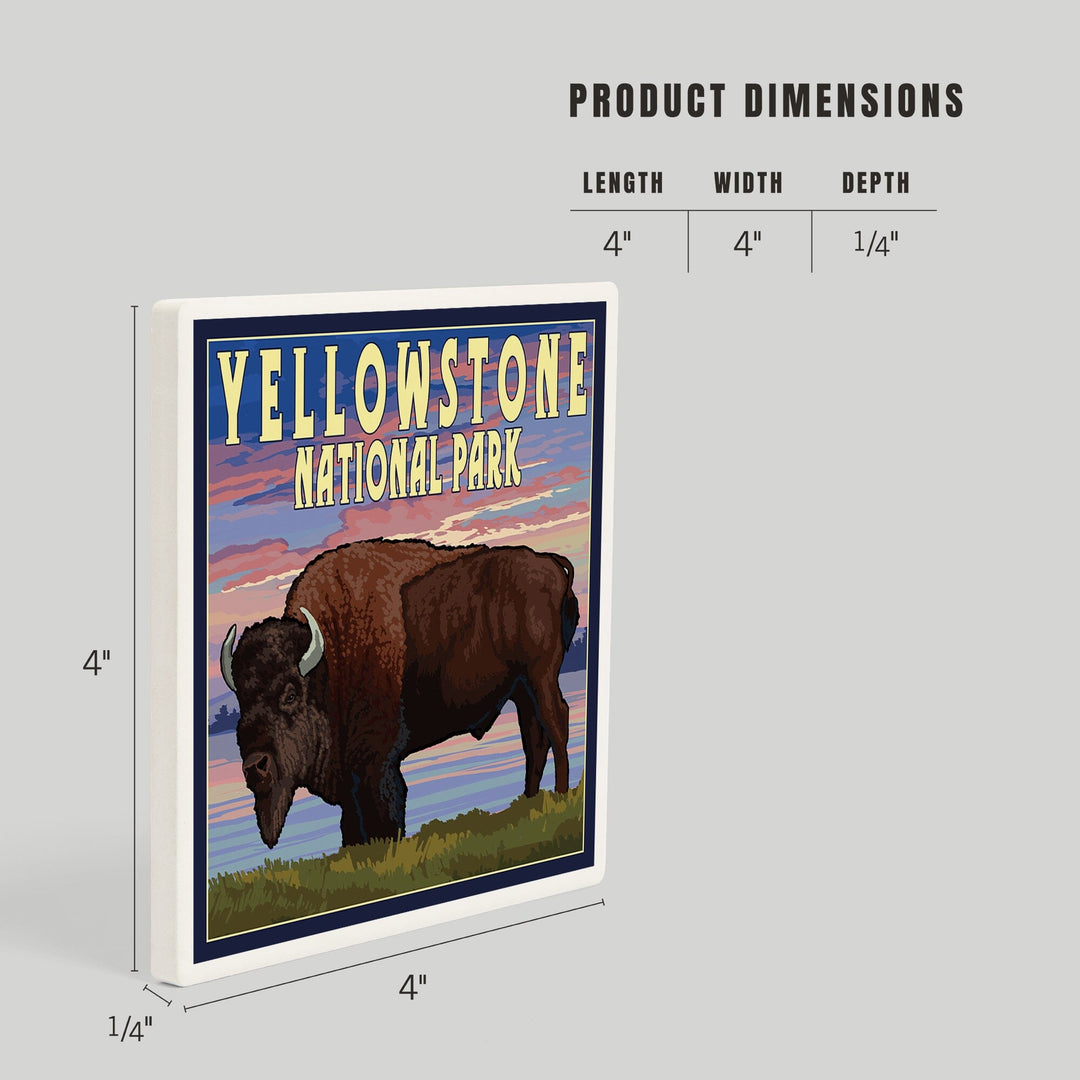 Yellowstone National Park, Wyoming, Bison and Sunset, Coasters Coasters Lantern Press