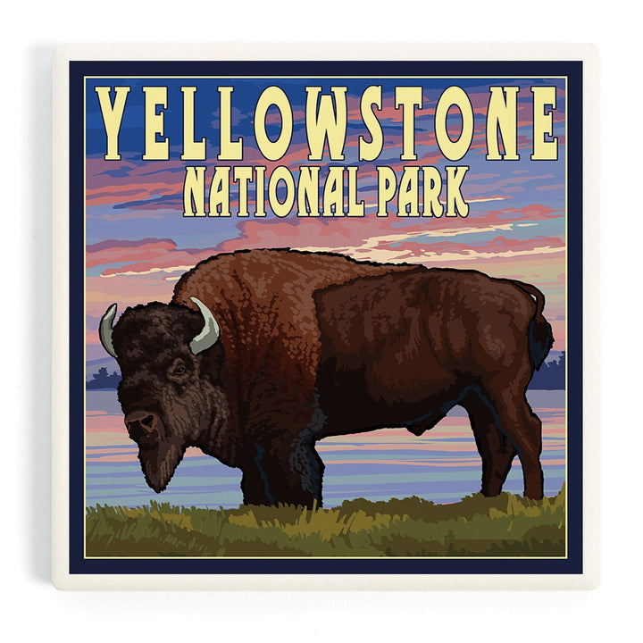 Yellowstone National Park, Wyoming, Bison and Sunset, Coasters Coasters Lantern Press Coaster