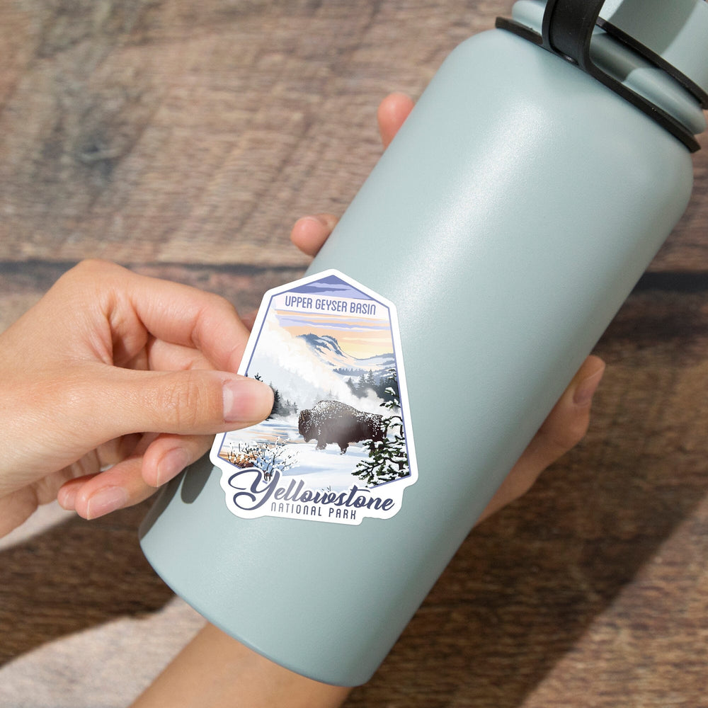 Yellowstone National Park, Wyoming, Bison in Snow, Upper Geyser Basin, Contour, Lantern Press Artwork, Vinyl Sticker Sticker Lantern Press