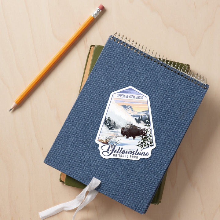 Yellowstone National Park, Wyoming, Bison in Snow, Upper Geyser Basin, Contour, Lantern Press Artwork, Vinyl Sticker Sticker Lantern Press