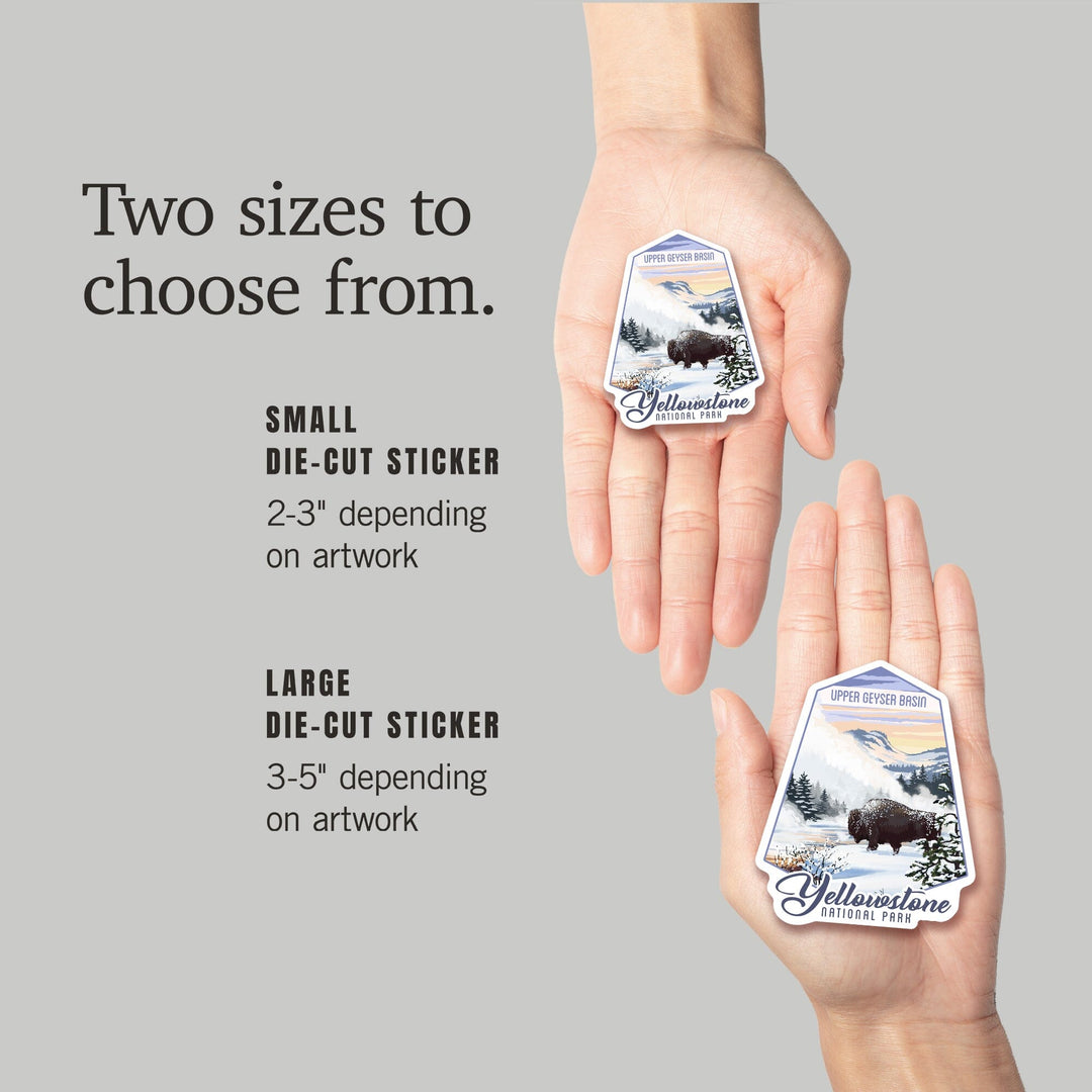 Yellowstone National Park, Wyoming, Bison in Snow, Upper Geyser Basin, Contour, Lantern Press Artwork, Vinyl Sticker Sticker Lantern Press