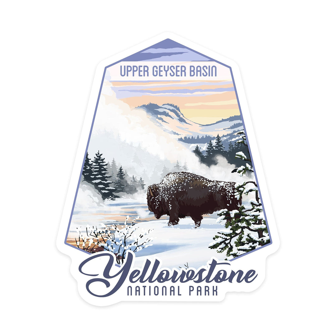 Yellowstone National Park, Wyoming, Bison in Snow, Upper Geyser Basin, Contour, Lantern Press Artwork, Vinyl Sticker Sticker Lantern Press