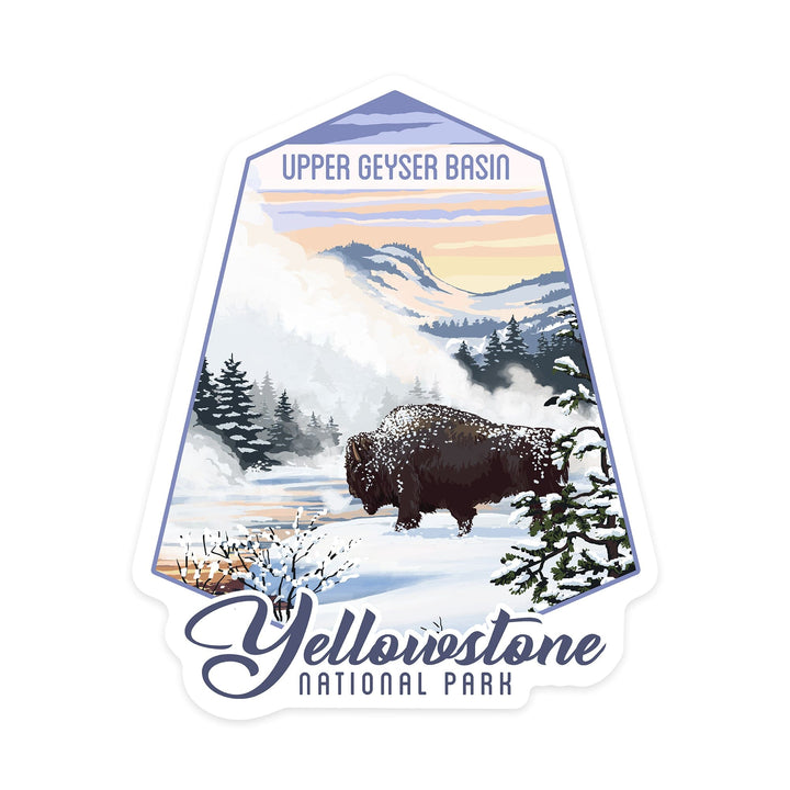 Yellowstone National Park, Wyoming, Bison in Snow, Upper Geyser Basin, Contour, Lantern Press Artwork, Vinyl Sticker Sticker Lantern Press