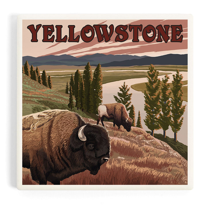 Yellowstone National Park, Wyoming, Bison Scene, Coasters Coasters Lantern Press