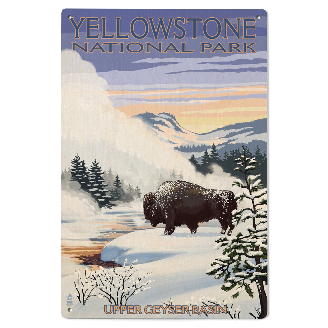 Yellowstone National Park, Wyoming, Bison Snow Scene, Lantern Press Artwork, Wood Signs and Postcards Wood Lantern Press