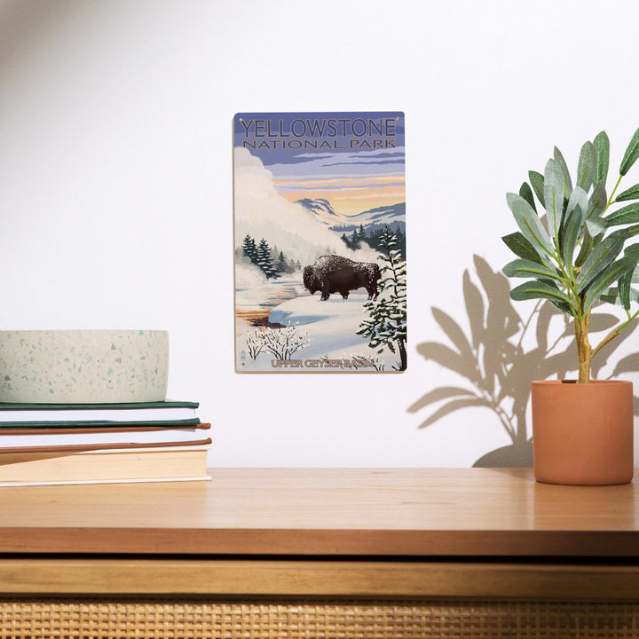 Yellowstone National Park, Wyoming, Bison Snow Scene, Lantern Press Artwork, Wood Signs and Postcards Wood Lantern Press