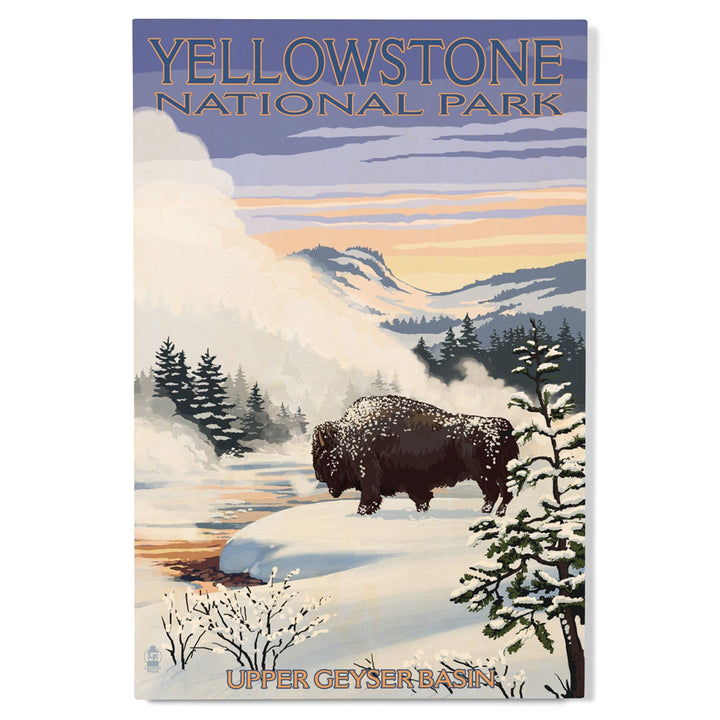 Yellowstone National Park, Wyoming, Bison Snow Scene, Lantern Press Artwork, Wood Signs and Postcards Wood Lantern Press