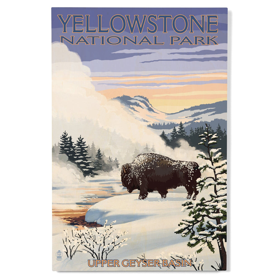 Yellowstone National Park, Wyoming, Bison Snow Scene, Lantern Press Artwork, Wood Signs and Postcards Wood Lantern Press