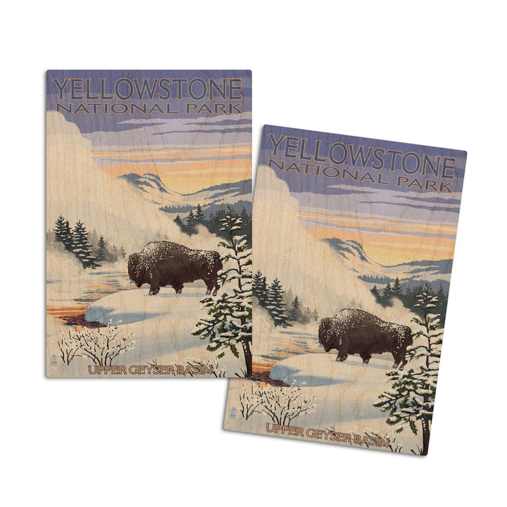 Yellowstone National Park, Wyoming, Bison Snow Scene, Lantern Press Artwork, Wood Signs and Postcards Wood Lantern Press 4x6 Wood Postcard Set