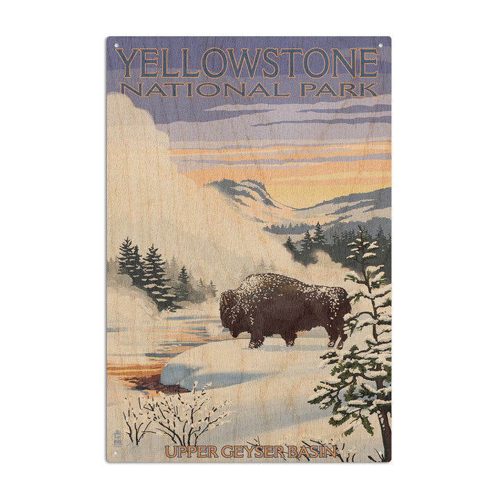 Yellowstone National Park, Wyoming, Bison Snow Scene, Lantern Press Artwork, Wood Signs and Postcards Wood Lantern Press 6x9 Wood Sign