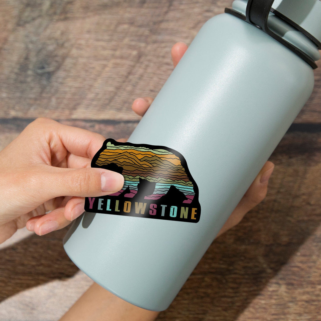 Yellowstone National Park, Wyoming, Black Bear, Abstract Mountain Scene, Contour, Lantern Press Artwork, Vinyl Sticker Sticker Lantern Press