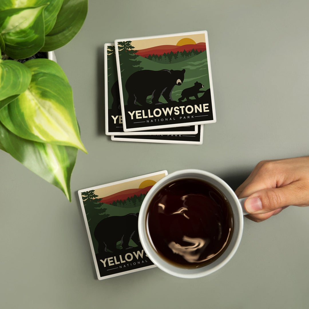 Yellowstone National Park, Wyoming, Black Bear and Cub, Coasters Coasters Lantern Press