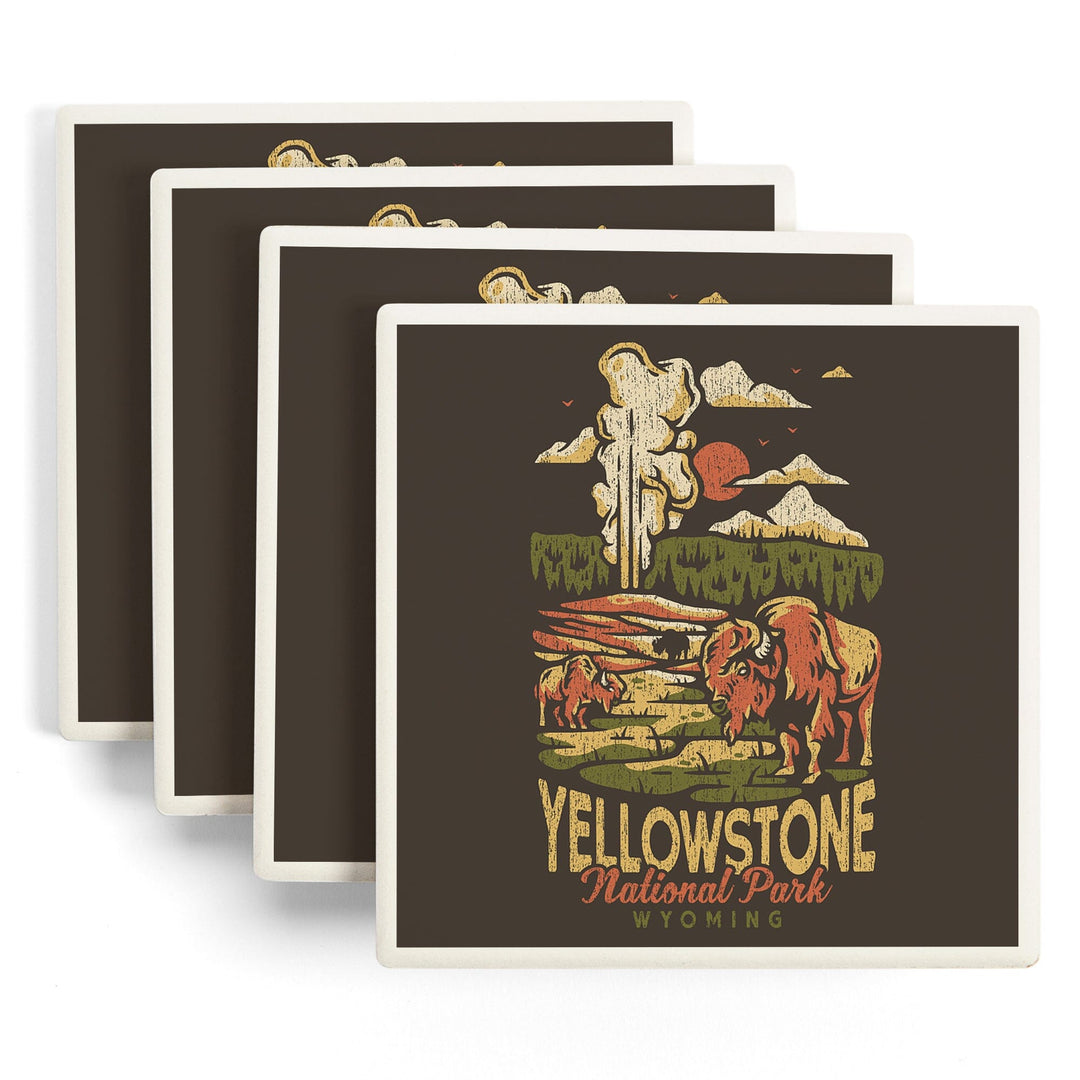 Yellowstone National Park, Wyoming, Distressed Mountain Scene, Coasters Coasters Lantern Press