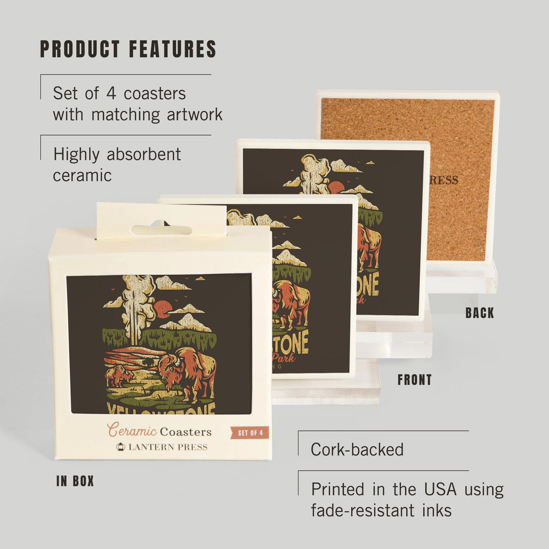 Yellowstone National Park, Wyoming, Distressed Mountain Scene, Coasters Coasters Lantern Press