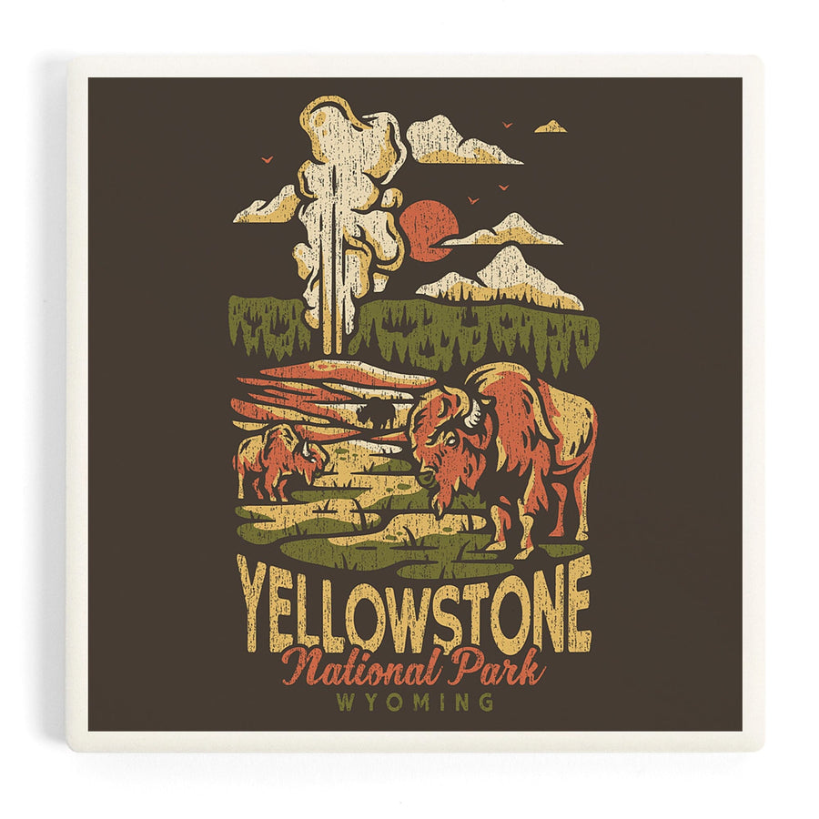 Yellowstone National Park, Wyoming, Distressed Mountain Scene, Coasters Coasters Lantern Press