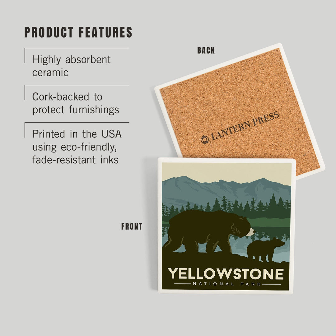 Yellowstone National Park, Wyoming, Grizzly Bear and Cub, Coasters Coasters Lantern Press