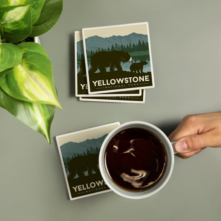 Yellowstone National Park, Wyoming, Grizzly Bear and Cub, Coasters Coasters Lantern Press