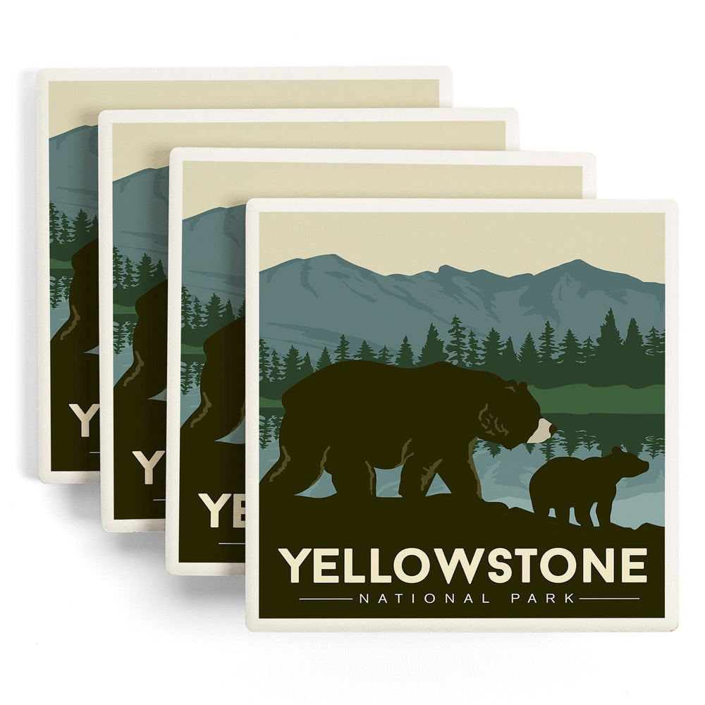 Yellowstone National Park, Wyoming, Grizzly Bear and Cub, Coasters Coasters Lantern Press