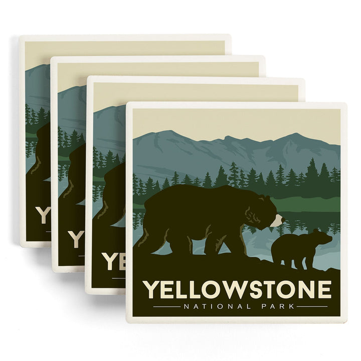 Yellowstone National Park, Wyoming, Grizzly Bear and Cub, Coasters Coasters Lantern Press