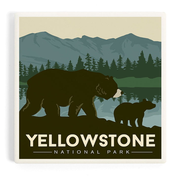 Yellowstone National Park, Wyoming, Grizzly Bear and Cub, Coasters Coasters Lantern Press