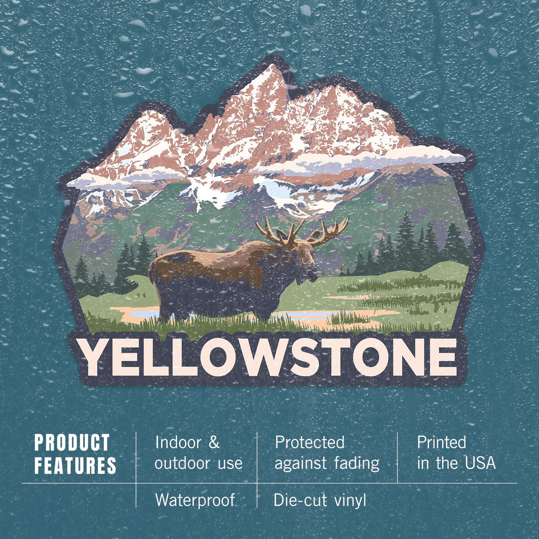 Yellowstone National Park, Wyoming, Moose & Mountains, Contour, Lantern Press Artwork, Vinyl Sticker Sticker Lantern Press