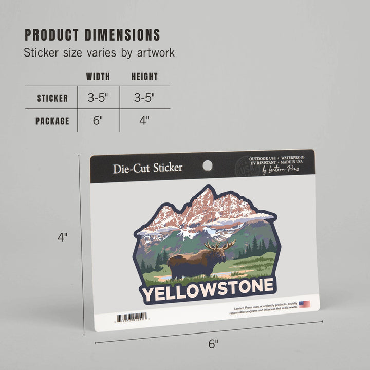 Yellowstone National Park, Wyoming, Moose & Mountains, Contour, Lantern Press Artwork, Vinyl Sticker Sticker Lantern Press