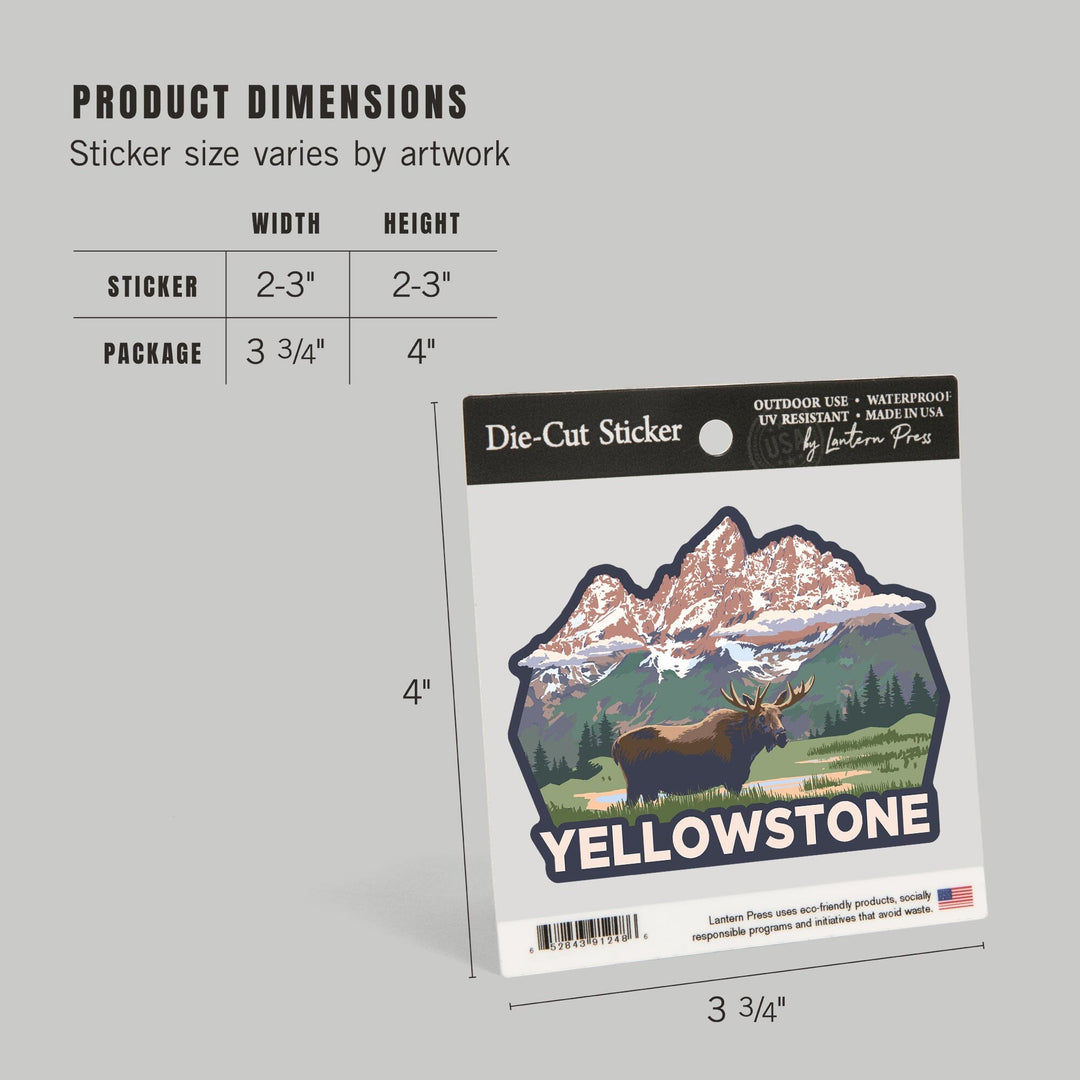 Yellowstone National Park, Wyoming, Moose & Mountains, Contour, Lantern Press Artwork, Vinyl Sticker Sticker Lantern Press