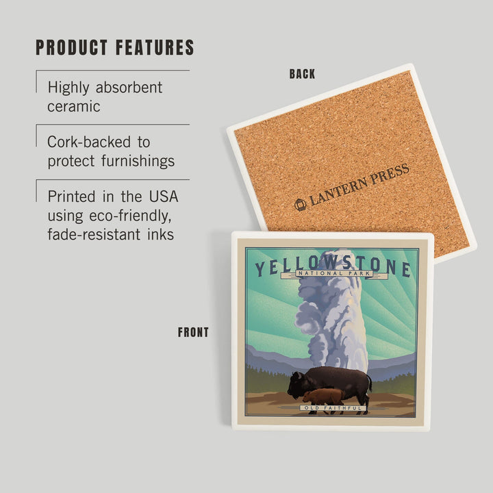 Yellowstone National Park, Wyoming, Old Faithful and Bison, Lithograph National Park Series, Coasters Coasters Lantern Press