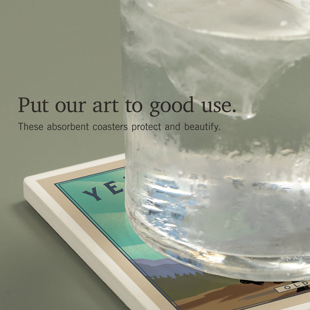 Yellowstone National Park, Wyoming, Old Faithful and Bison, Lithograph National Park Series, Coasters Coasters Lantern Press