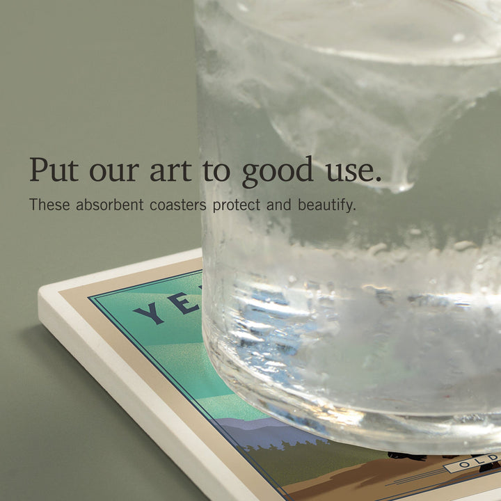 Yellowstone National Park, Wyoming, Old Faithful and Bison, Lithograph National Park Series, Coasters Coasters Lantern Press