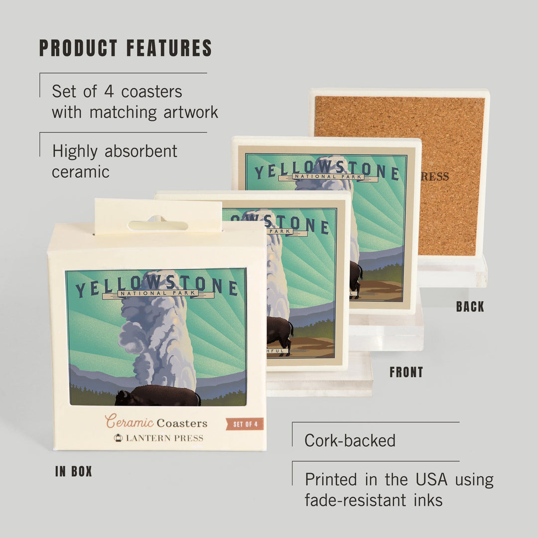 Yellowstone National Park, Wyoming, Old Faithful and Bison, Lithograph National Park Series, Coasters Coasters Lantern Press