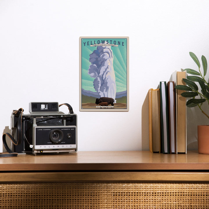 Yellowstone National Park, Wyoming, Old Faithful and Bison, Lithograph National Park Series, Metal Signs Metal Lantern Press