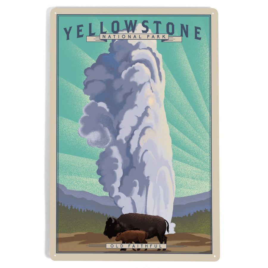 Yellowstone National Park, Wyoming, Old Faithful and Bison, Lithograph National Park Series, Metal Signs Metal Lantern Press