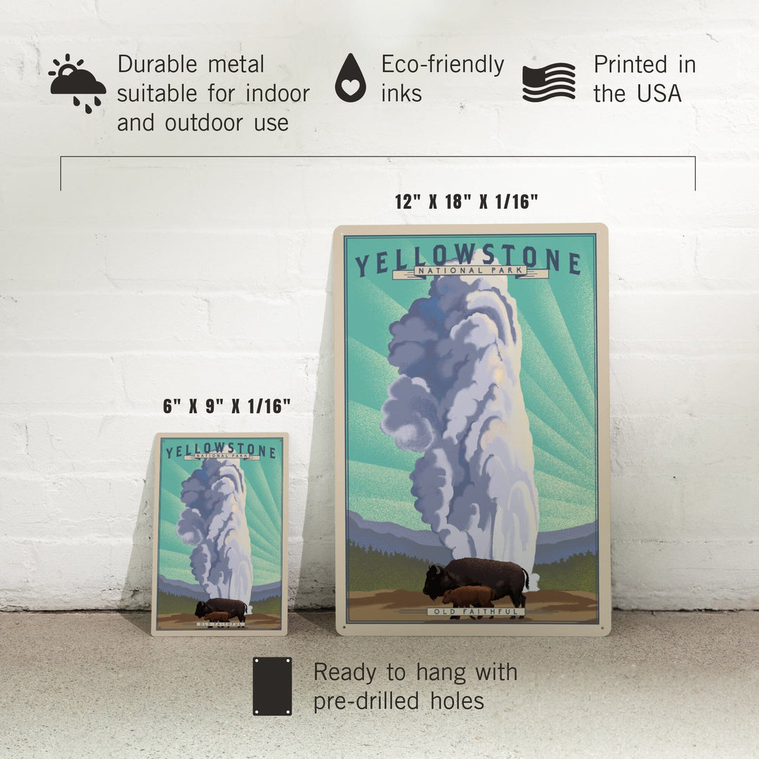 Yellowstone National Park, Wyoming, Old Faithful and Bison, Lithograph National Park Series, Metal Signs Metal Lantern Press