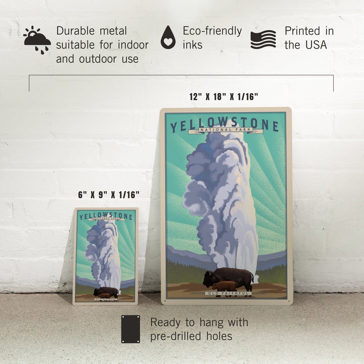 Yellowstone National Park, Wyoming, Old Faithful and Bison, Lithograph National Park Series, Metal Signs Metal Lantern Press