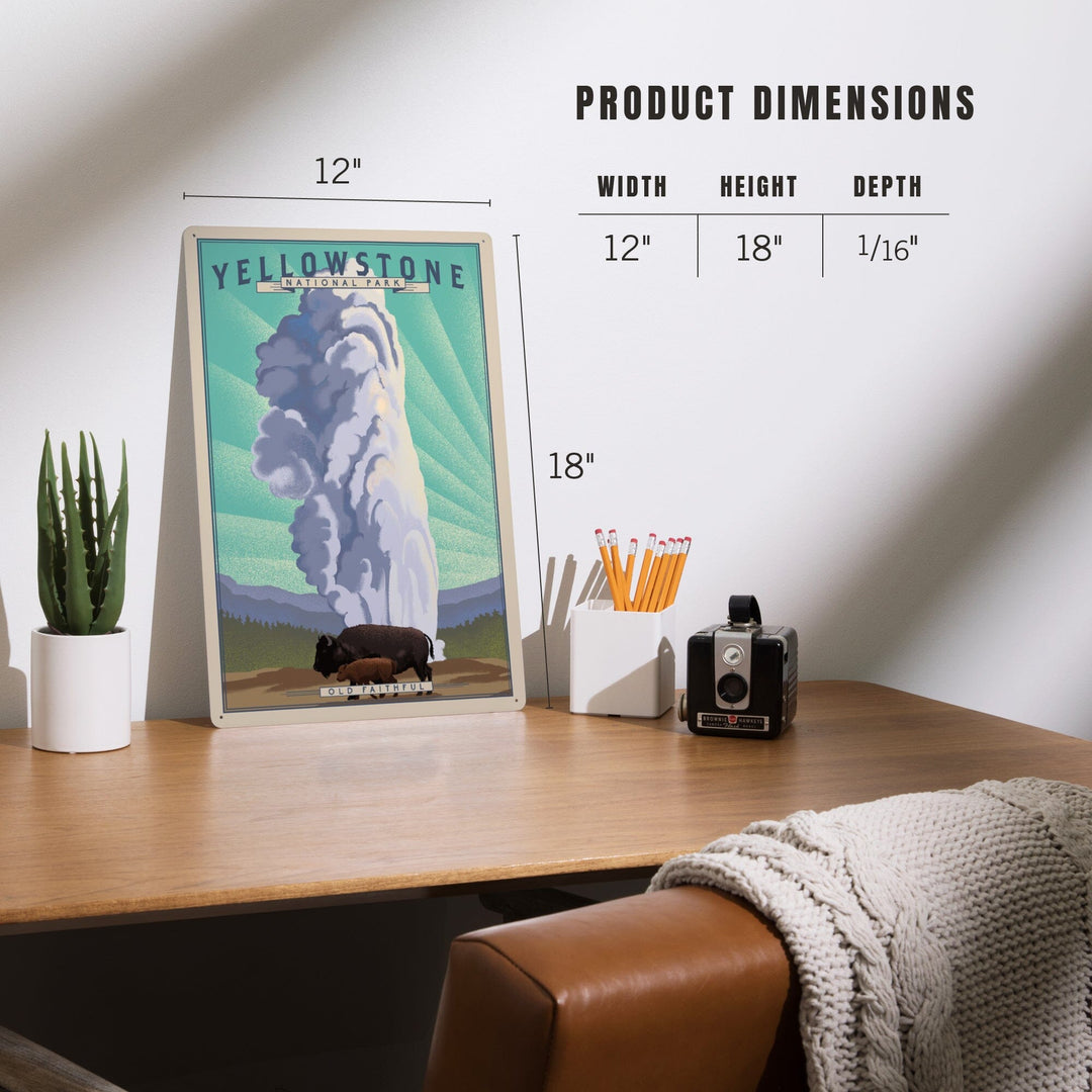 Yellowstone National Park, Wyoming, Old Faithful and Bison, Lithograph National Park Series, Metal Signs Metal Lantern Press