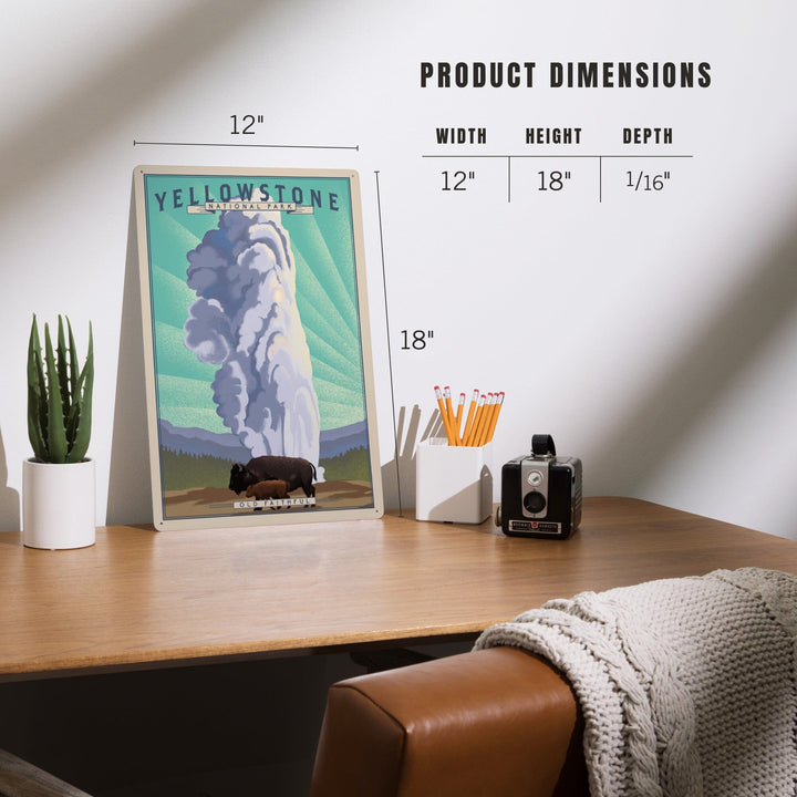 Yellowstone National Park, Wyoming, Old Faithful and Bison, Lithograph National Park Series, Metal Signs Metal Lantern Press