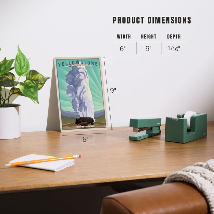 Yellowstone National Park, Wyoming, Old Faithful and Bison, Lithograph National Park Series, Metal Signs Metal Lantern Press