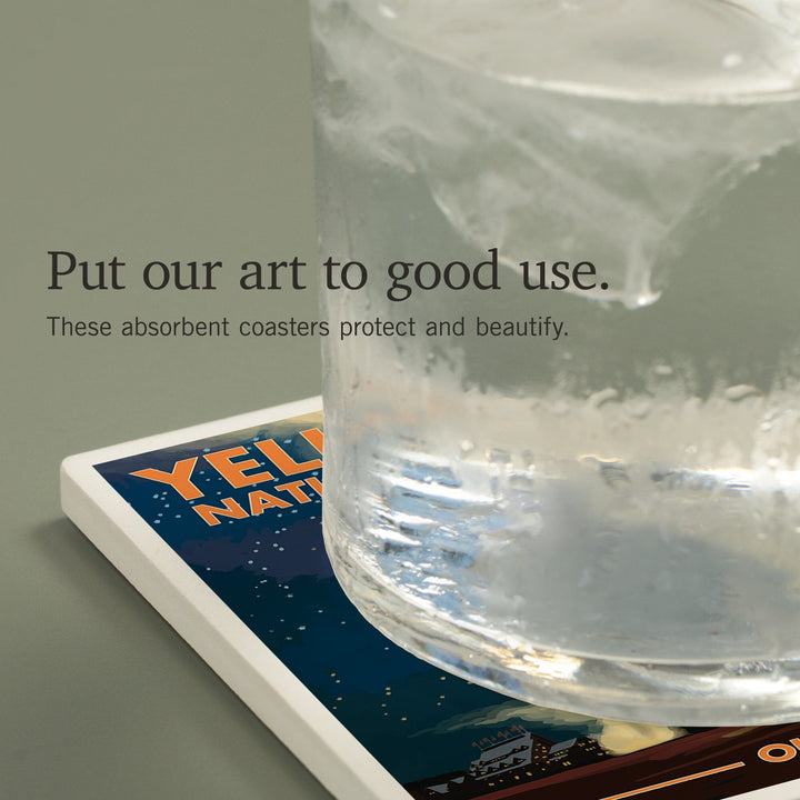 Yellowstone National Park, Wyoming, Old Faithful at Night, Coasters Coasters Lantern Press