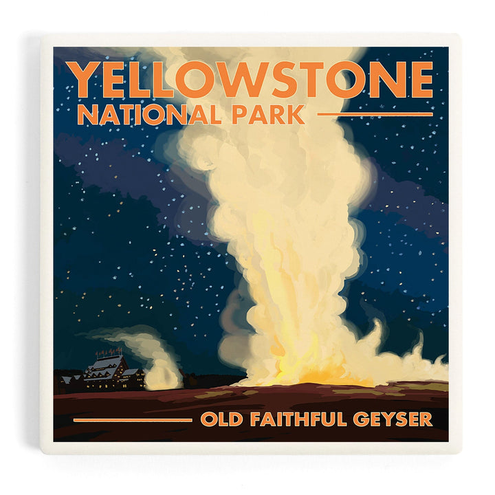 Yellowstone National Park, Wyoming, Old Faithful at Night, Coasters Coasters Lantern Press
